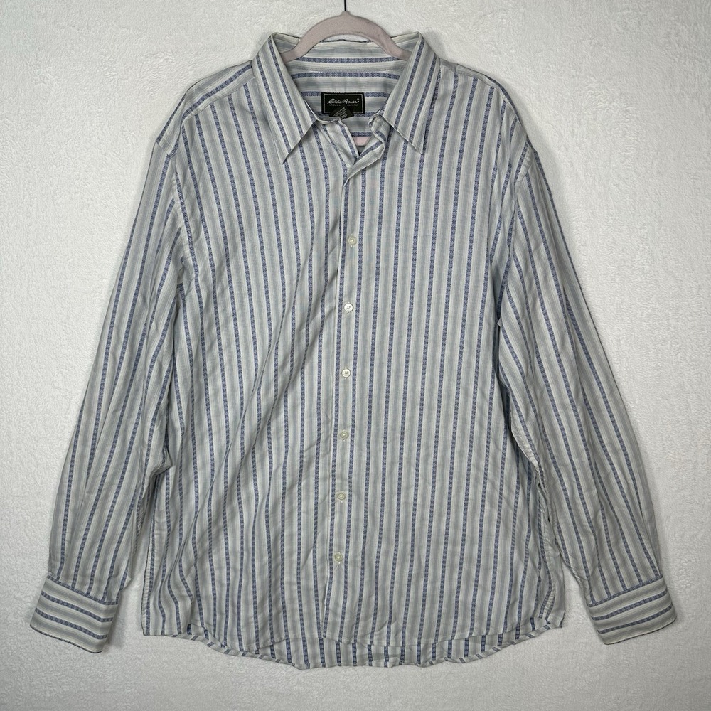 Eddie Bauer XL Tall Button Down Shirt Blue White Geometric Stripe 100% Cotton
